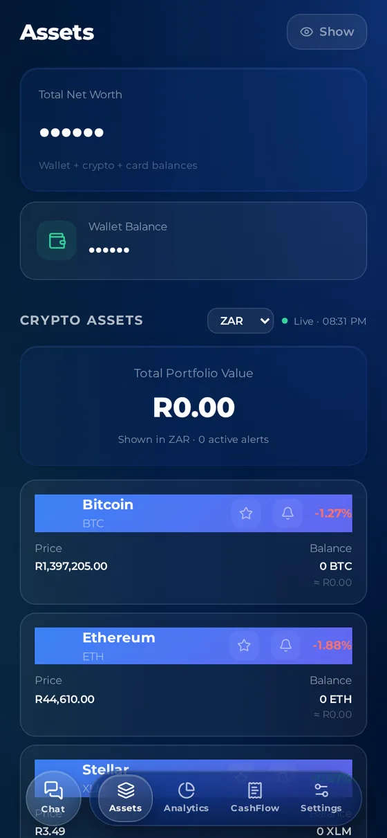 Lumens assets screen showing net worth and live crypto prices