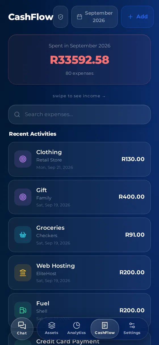 Lumens CashFlow screen listing monthly spending and recent activities