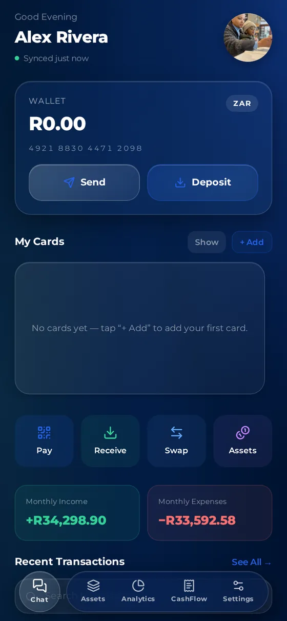 Lumens wallet screen showing balance, quick actions and recent transactions